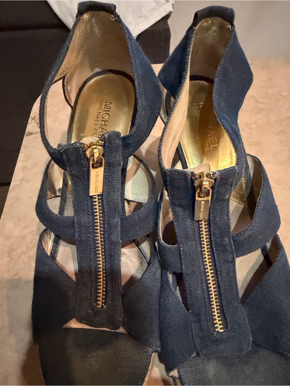 Michael Kors Navy Gold-Zip Strappy Heels
